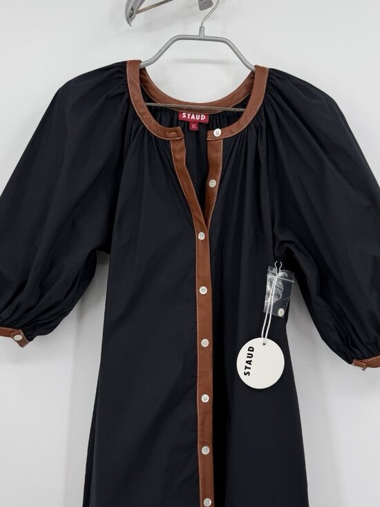 Staud Black Whiskey Vincent Midi Shirt Dress size XS Faux Leather Trim $275 - Picture 3 of 10